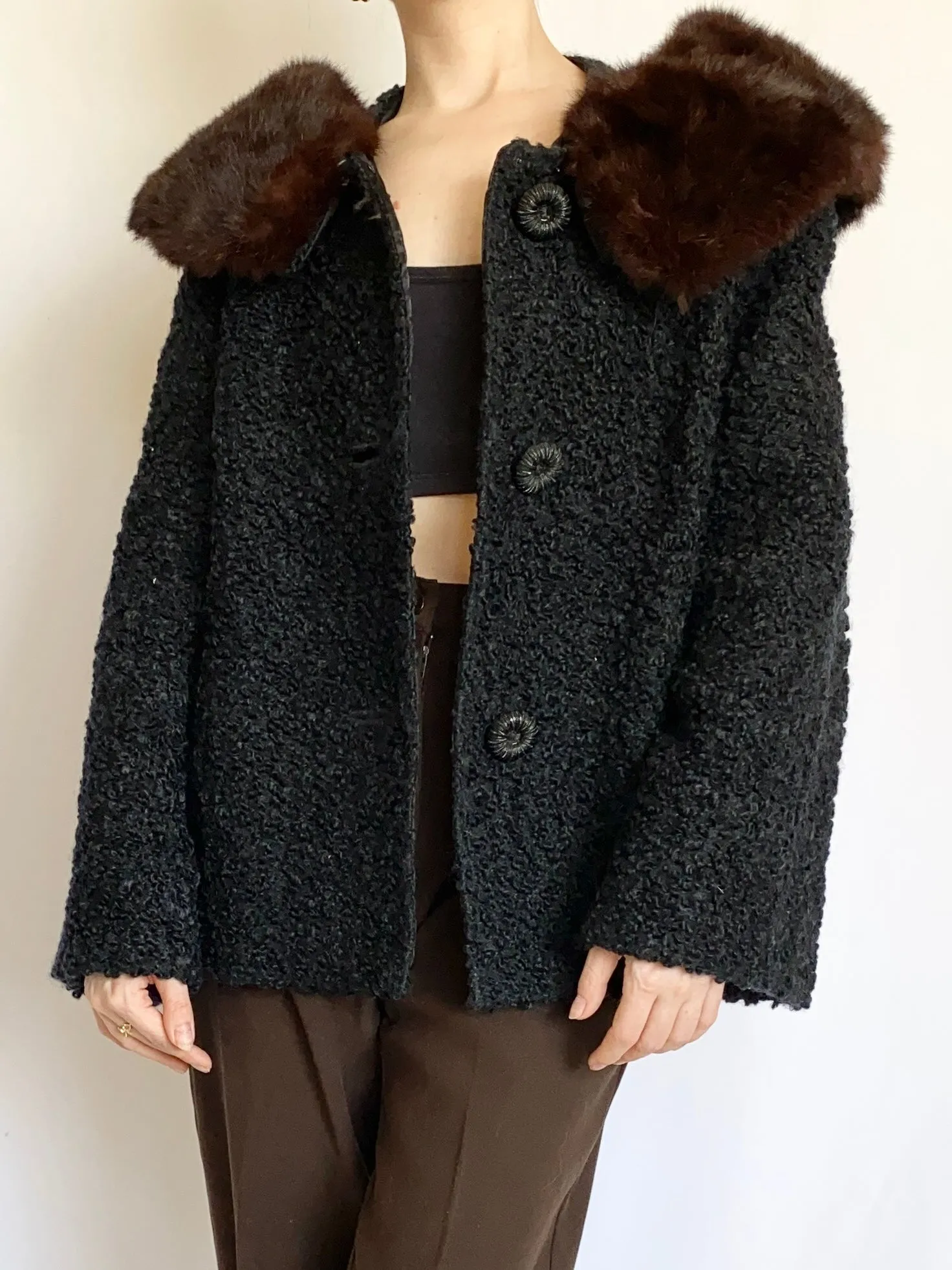 1950s Black Mink Collar Coat (M)