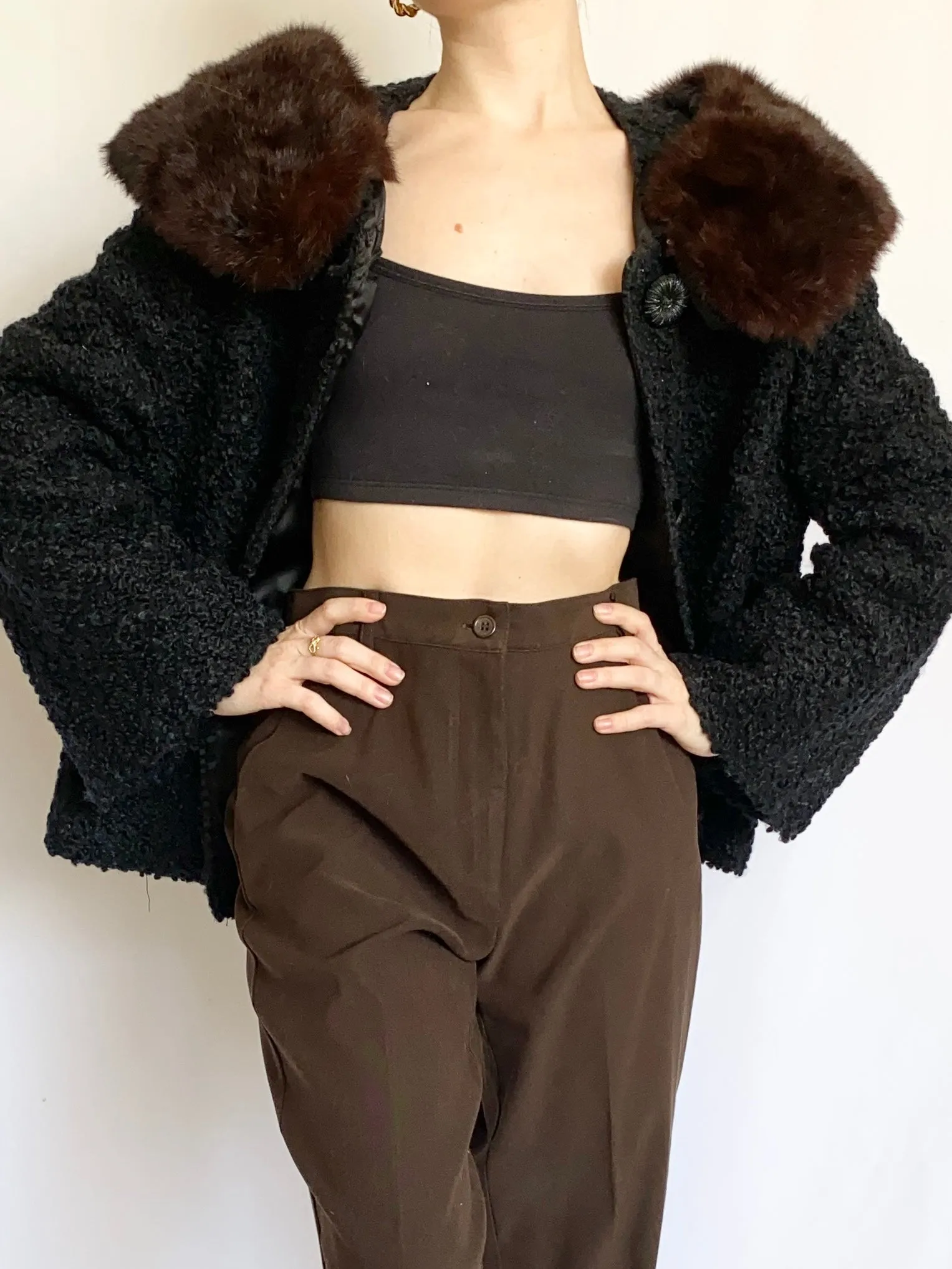1950s Black Mink Collar Coat (M)