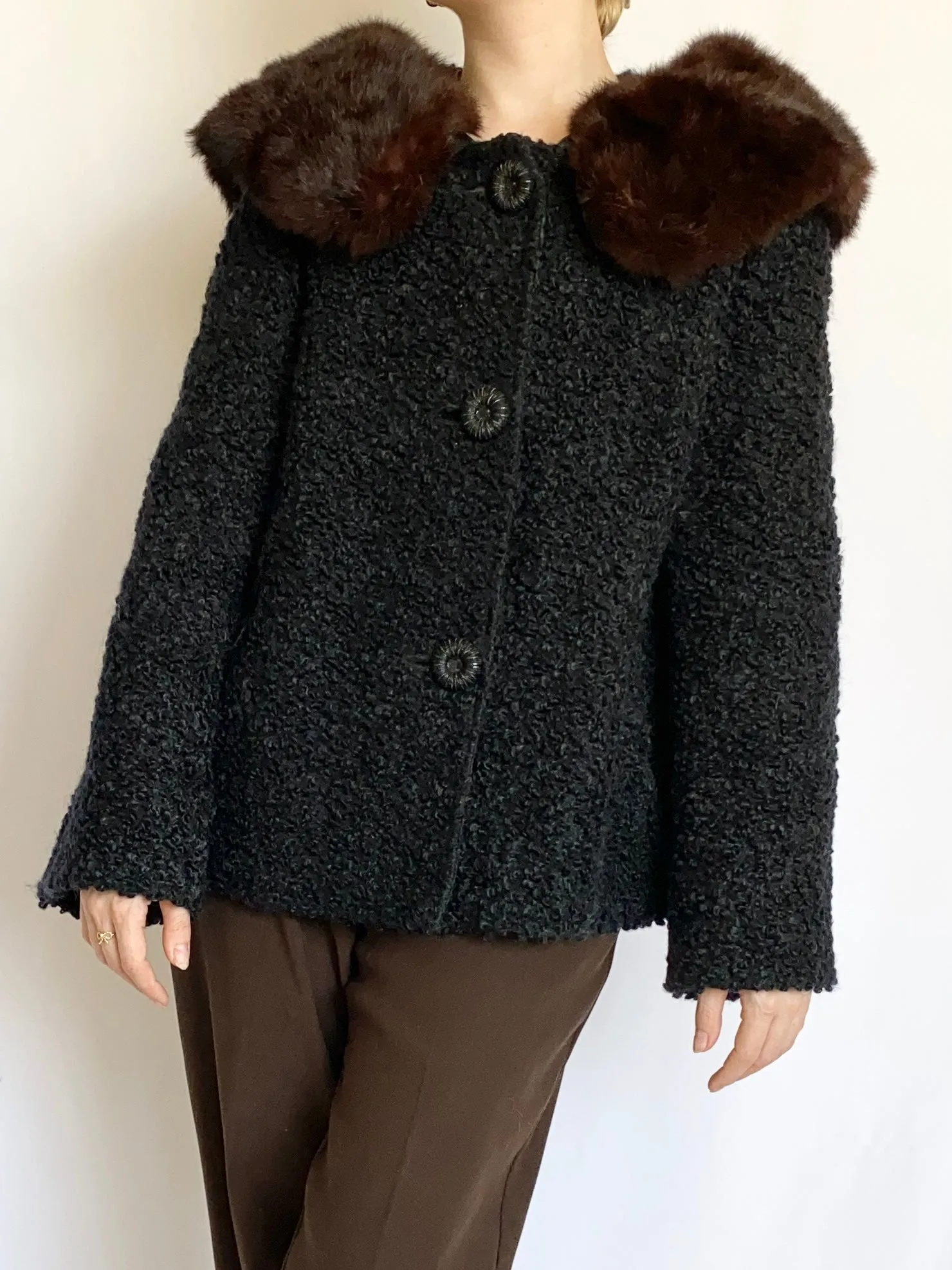 1950s Black Mink Collar Coat (M)