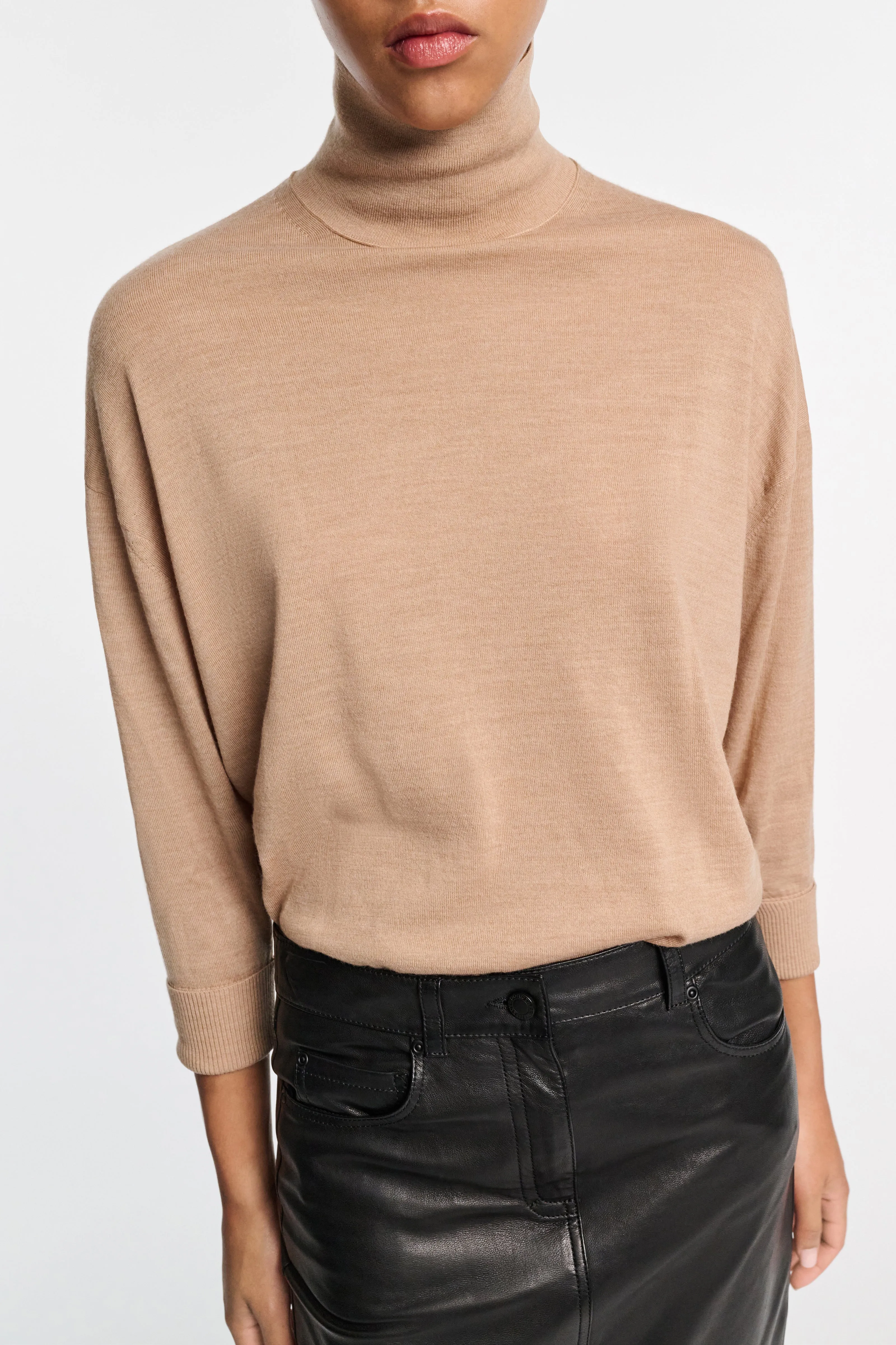 Dorothee Schumacher Extra Long Turtleneck Merino Wool Pullover in Camel