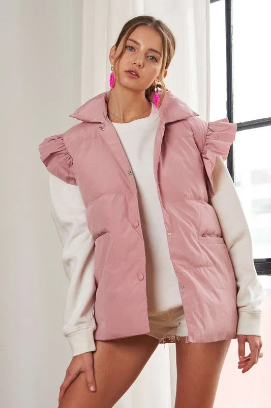 Dusty Pink Ruffle Sleeve Down Vest