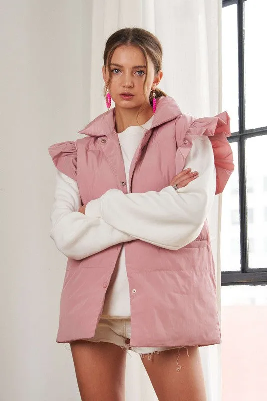 Dusty Pink Ruffle Sleeve Down Vest