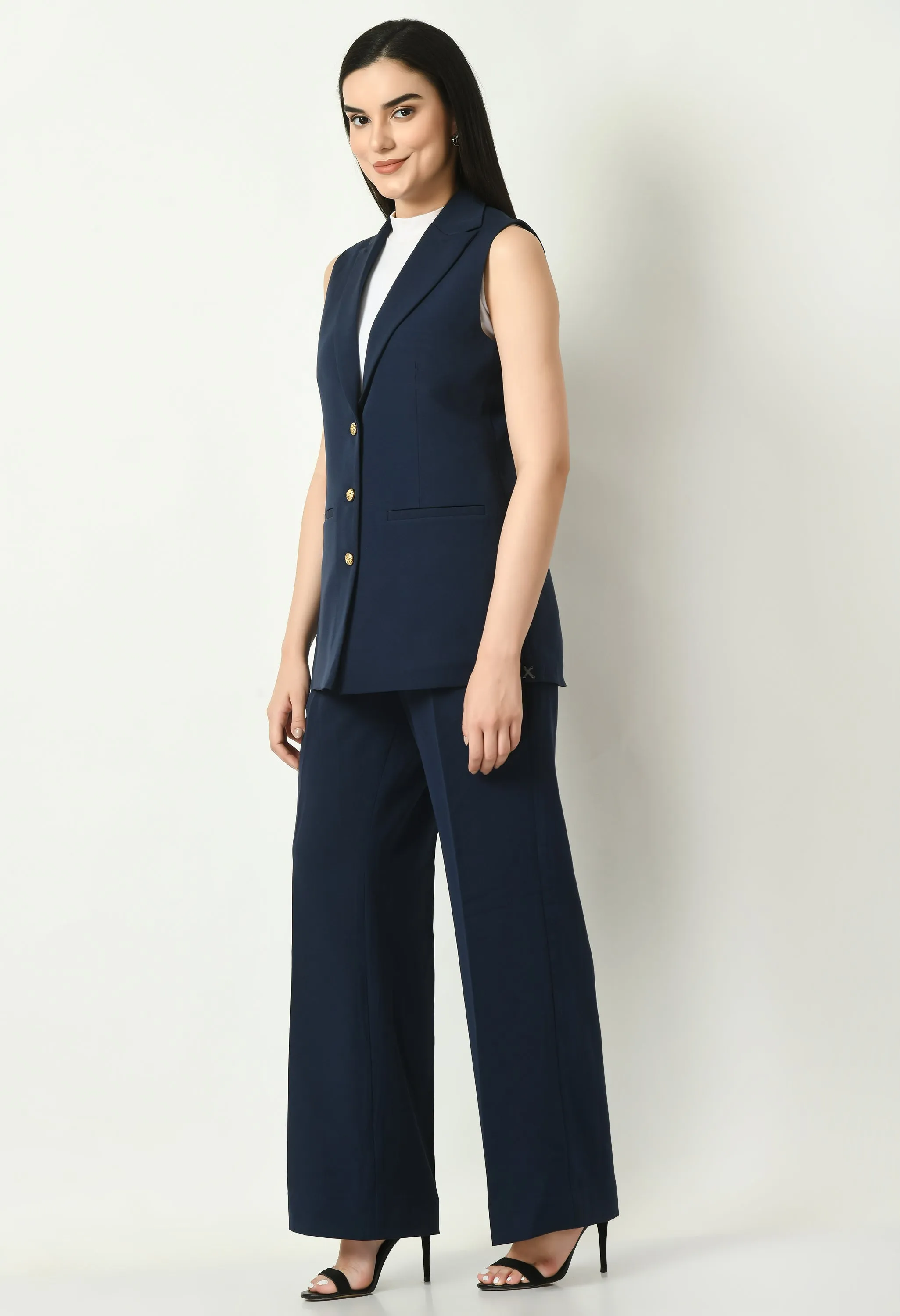 Navy Blue Aspiration Sleeveless Blazer With Bootcut Trouser