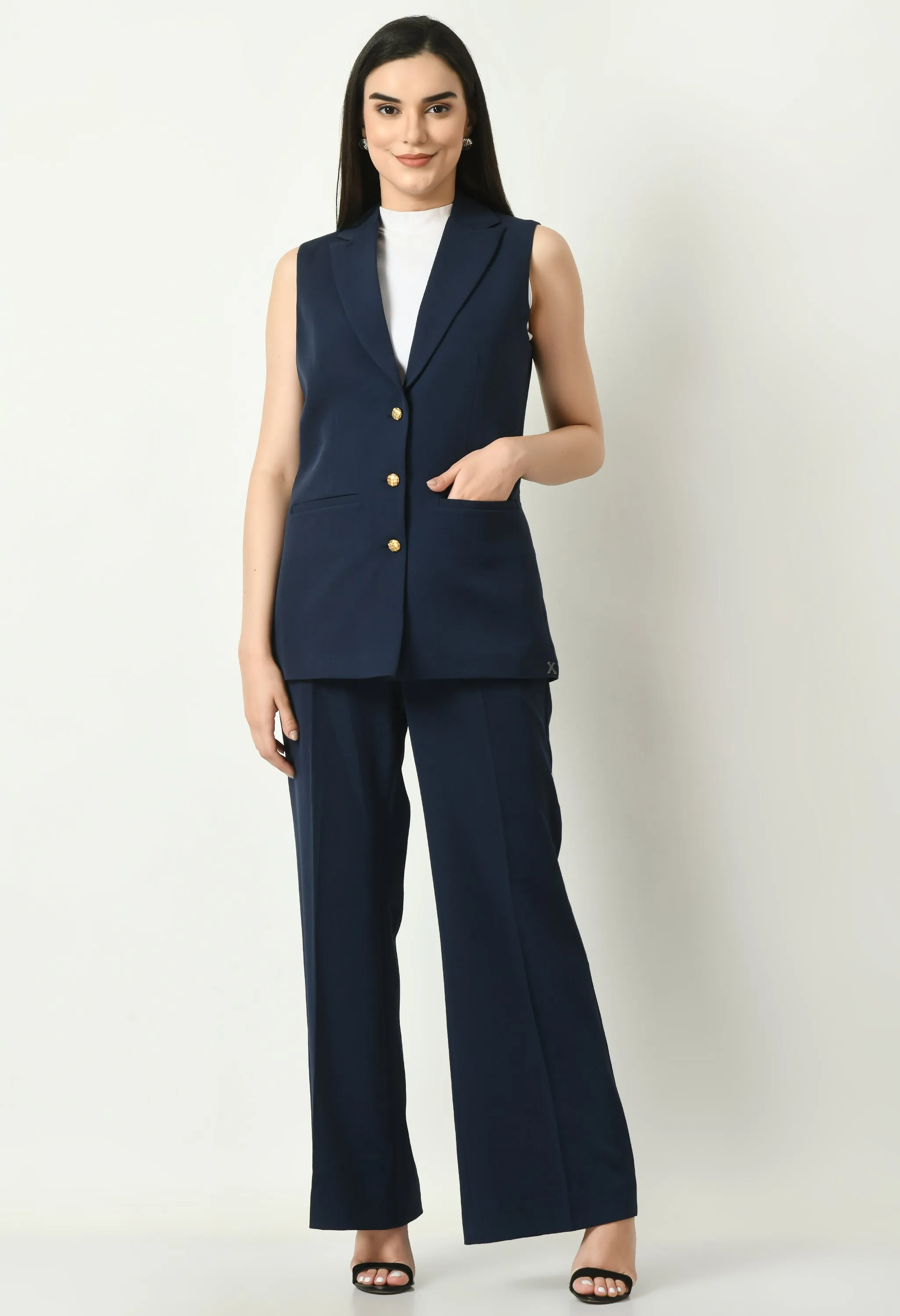 Navy Blue Aspiration Sleeveless Blazer With Bootcut Trouser