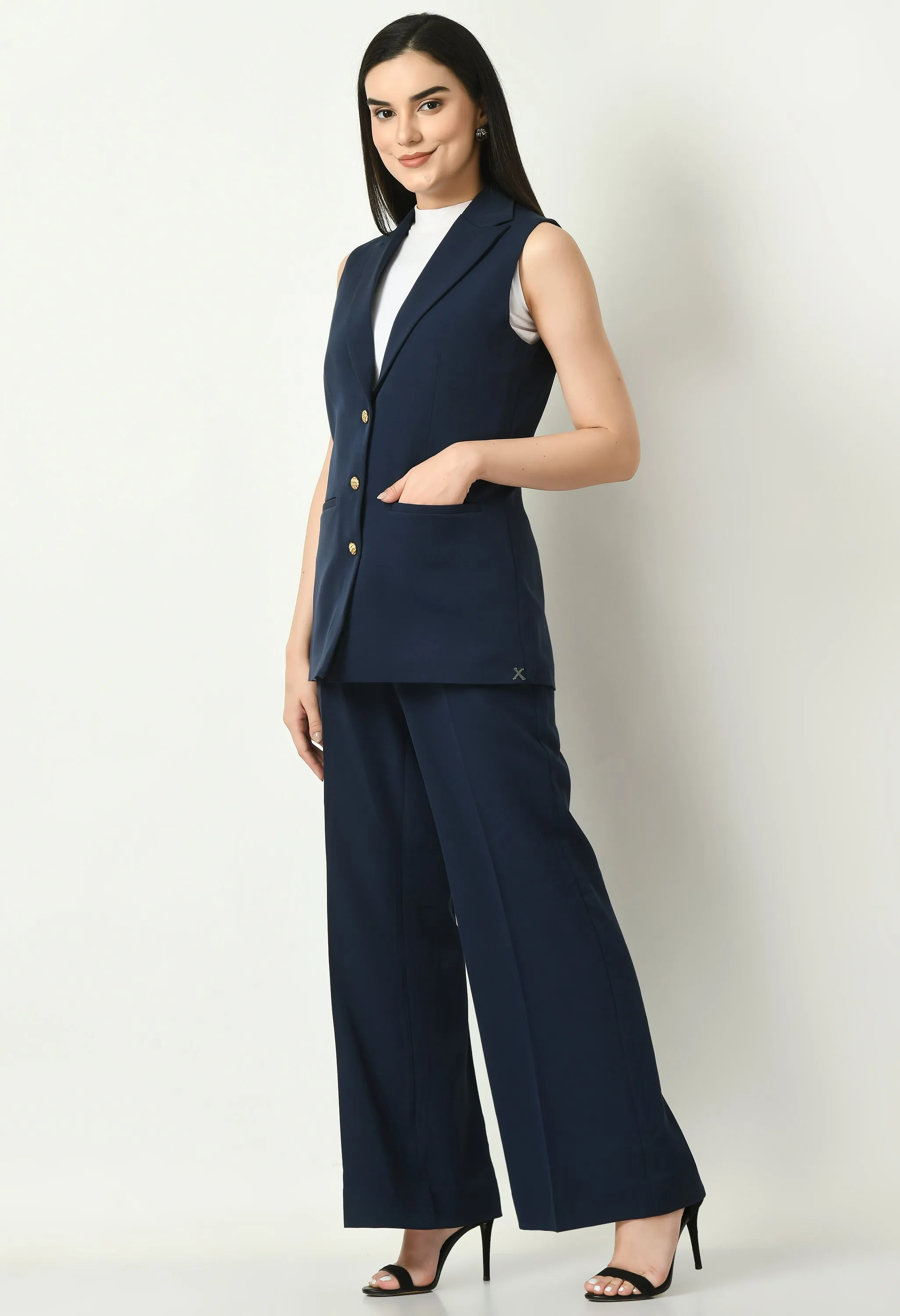 Navy Blue Aspiration Sleeveless Blazer With Bootcut Trouser