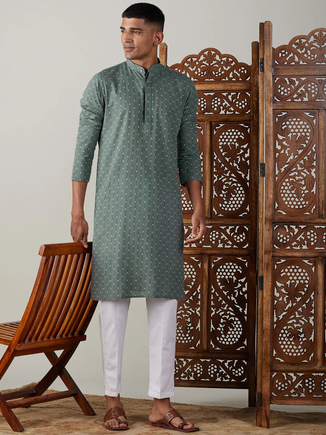 SHVAAS By VASTRAMAY Men's Green cotton Jacquard Kurta