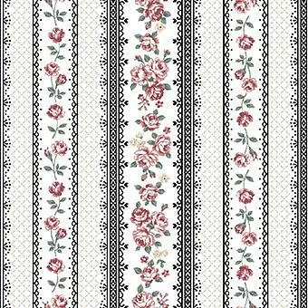 Stof Fabrics Ruby Rose Black Roses and Lace Stripe on White Cotton Prints