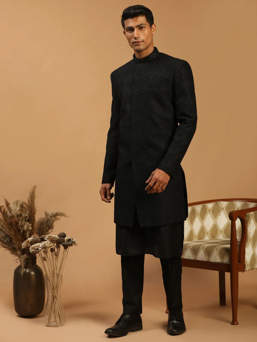 Vastramay Black Glitter Indo Sherwani Set