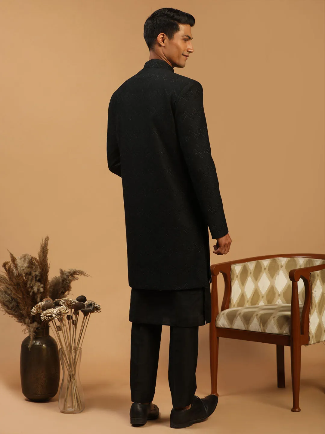 Vastramay Black Glitter Indo Sherwani Set