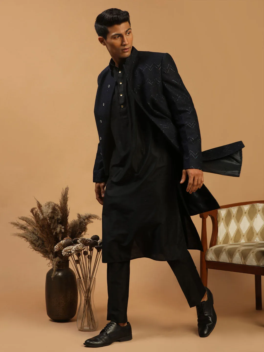 Vastramay Black Glitter Indo Sherwani Set
