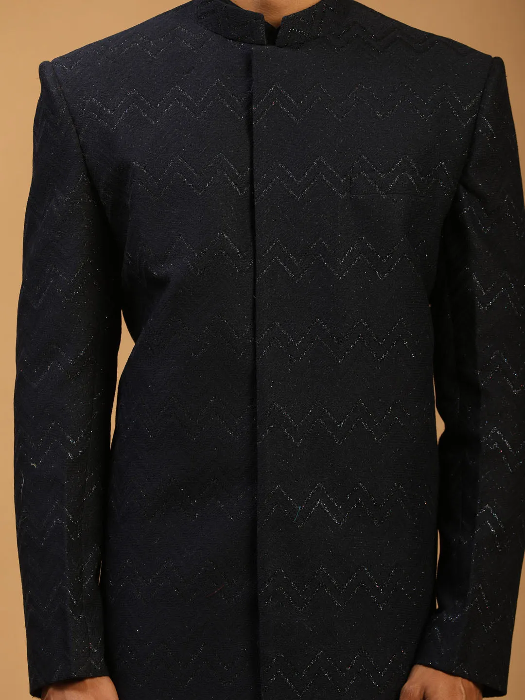 Vastramay Black Glitter Indo Sherwani Set