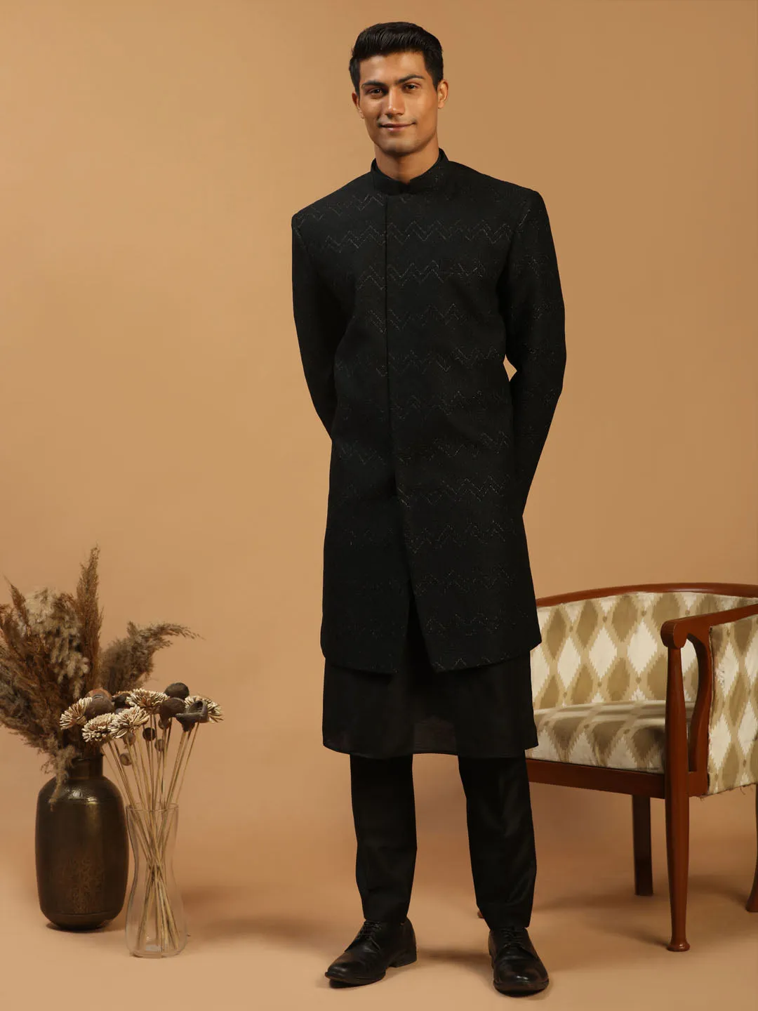 Vastramay Black Glitter Indo Sherwani Set