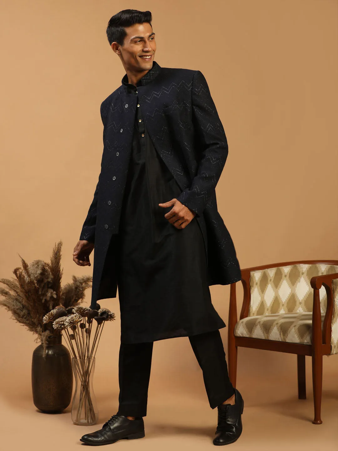 Vastramay Black Glitter Indo Sherwani Set
